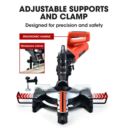 Image shows a black and red BAUMR-AG 254mm Dual Bevel Sliding Compound Mitre Drop Saw featuring a 2000W motor and a tungsten carbide tipped blade with a blade guard. The saw is positioned on a base with measurement guides and adjustment handles. The design includes an ergonomic handle, adjustable angles, and a dust collection bag.