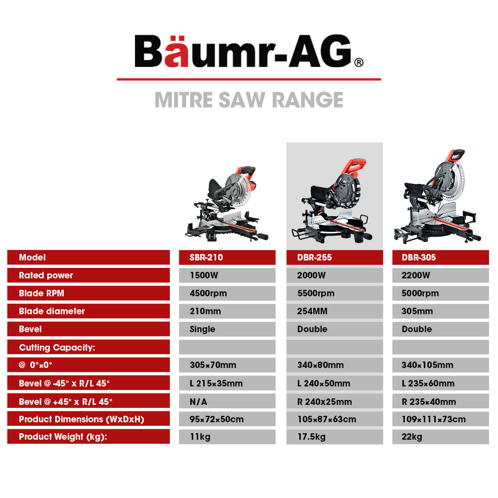 Image shows a black and red BAUMR-AG 254mm Dual Bevel Sliding Compound Mitre Drop Saw featuring a 2000W motor and a tungsten carbide tipped blade with a blade guard. The saw is positioned on a base with measurement guides and adjustment handles. The design includes an ergonomic handle, adjustable angles, and a dust collection bag.