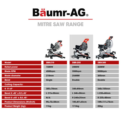 Image shows a black and red BAUMR-AG 254mm Dual Bevel Sliding Compound Mitre Drop Saw featuring a 2000W motor and a tungsten carbide tipped blade with a blade guard. The saw is positioned on a base with measurement guides and adjustment handles. The design includes an ergonomic handle, adjustable angles, and a dust collection bag.