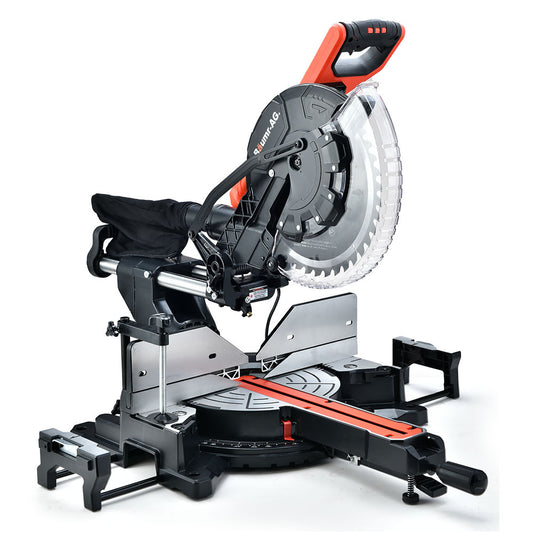 Image of a Tradie's Mate BAUMR-AG 305mm Compound Mitre Saw Dual Bevel Sliding Drop Saws 2200W with a black and red color scheme. The saw, powered by a robust 2200W motor, features a large circular blade with a transparent guard, mounted on a metal base with a miter gauge. The handle, featuring a trigger switch, is ergonomically designed for comfort.