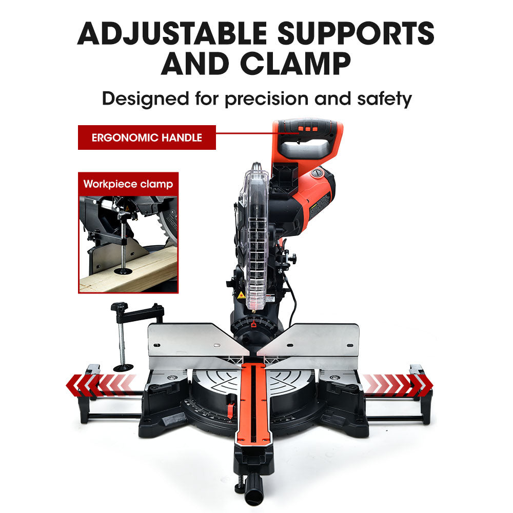 Image of a Tradie's Mate BAUMR-AG 305mm Compound Mitre Saw Dual Bevel Sliding Drop Saws 2200W with a black and red color scheme. The saw, powered by a robust 2200W motor, features a large circular blade with a transparent guard, mounted on a metal base with a miter gauge. The handle, featuring a trigger switch, is ergonomically designed for comfort.