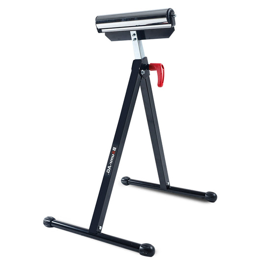 A Baumr-AG Height Adjustable Roller Support Stand, 60kg Capacity, Folding with a black metal frame and a red adjustment lever. The adjustable roller stand features a cylindrical roller at the top for supporting materials. It has a wide base with rubber feet for stability, and the brand name "DANINI" is printed on one of the legs.