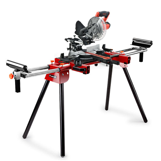 A red and black BAUMR-AG 210mm Sliding Compound Mitre Drop Saw and Adjustable Stand Combo mounted on a folding stand with adjustable arms. The saw features a circular blade, a handle on top, and a safety guard. Powered by a robust 1500W motor, the stand offers four legs for stability and extendable supports for cutting longer pieces.