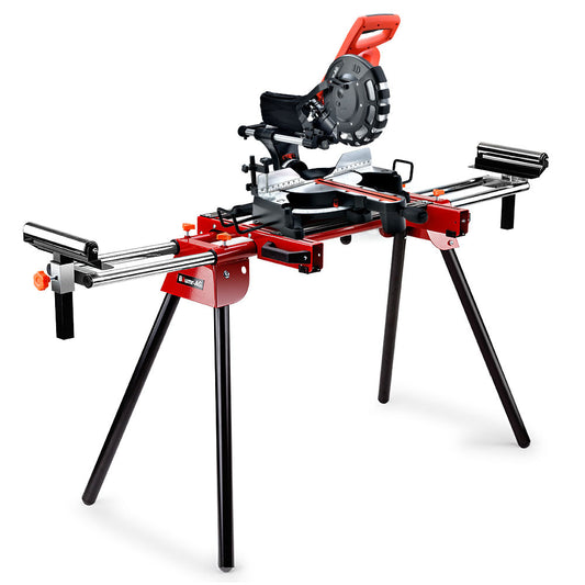 A red and black Tradie's Mate BAUMR-AG 254mm Sliding Compound dual Mitre Drop Saw and Adjustable Stand Combo is mounted on a portable stand with four extendable legs. The saw, equipped with a powerful 2000W motor, features an adjustable cutting angle, a handle for portability, and horizontal supports for wood planks on both sides of the cutting surface.