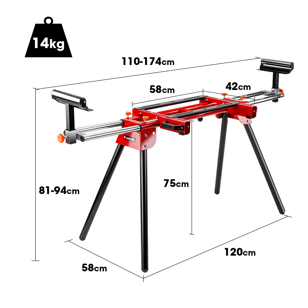 A red and black Tradie's Mate BAUMR-AG 254mm Sliding Compound dual Mitre Drop Saw and Adjustable Stand Combo is mounted on a portable stand with four extendable legs. The saw, equipped with a powerful 2000W motor, features an adjustable cutting angle, a handle for portability, and horizontal supports for wood planks on both sides of the cutting surface.