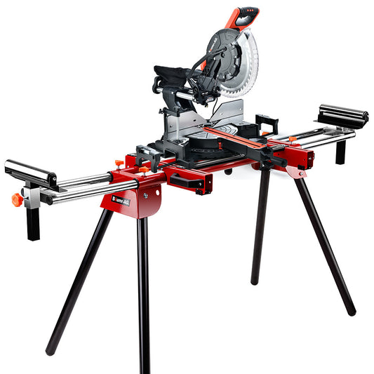 The BAUMR-AG 305mm Dual Bevel Sliding Compound Mitre Drop Saw and Adjustable Stand Combo, mounted on a red and black portable stand, features a 2200W motor and an adjustable arm. This Sliding Compound Mitre Saw includes a circular blade. The stand has extendable supports on both sides and sturdy black legs, designed for precision cutting and ease of transport.