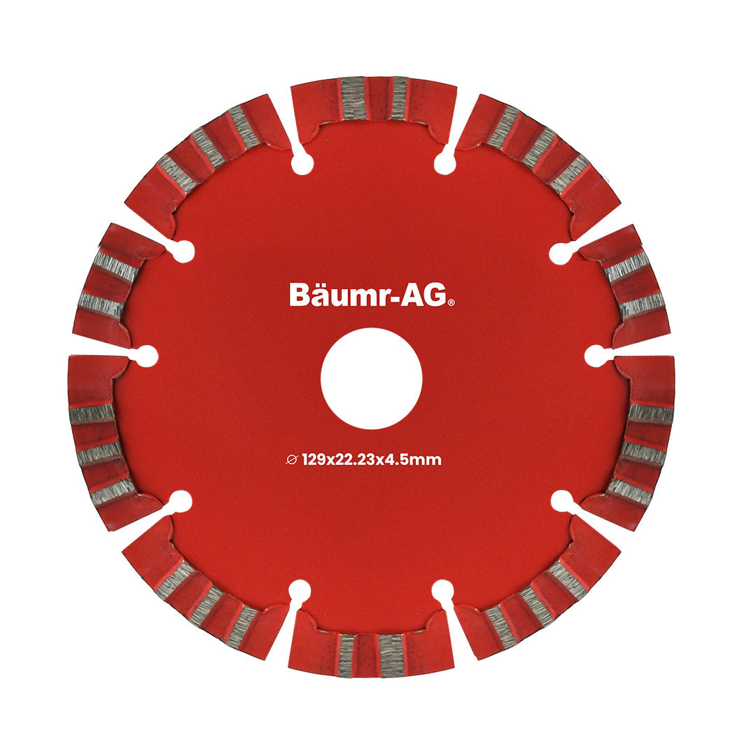 A red circular saw blade with the brand name "Bäumr-AG" printed in white on the center. The blade, perfect for 8 x BAUMR-AG 5" Replacement Diamond Blades for Wall Chaser Machines, has multiple segments separated by gaps around its edge and measures Ø 129x22.23x4.5mm, as indicated by the text below the brand name.