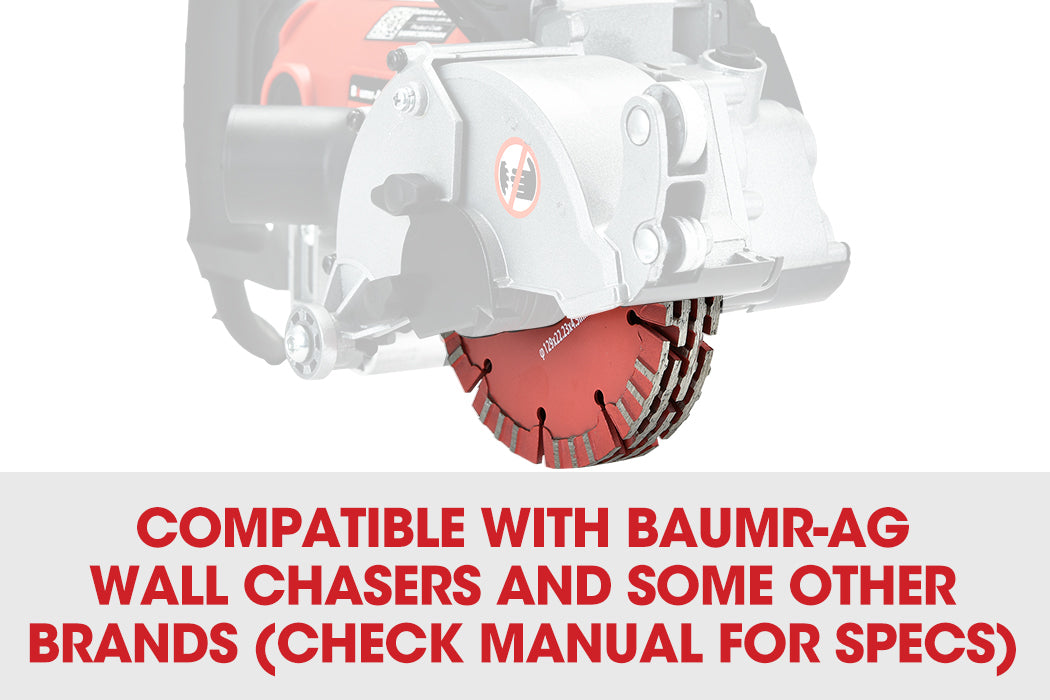 A red circular saw blade with the brand name "Bäumr-AG" printed in white on the center. The blade, perfect for 8 x BAUMR-AG 5" Replacement Diamond Blades for Wall Chaser Machines, has multiple segments separated by gaps around its edge and measures Ø 129x22.23x4.5mm, as indicated by the text below the brand name.