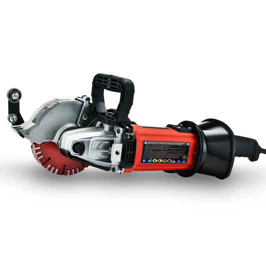 A red and silver handheld power tool with a blade guard, designed for cutting. The device boasts a powerful 1700W motor and has a black handle along with various labels on its body, indicating safety instructions. The cord is visible, extending from the rear. Set against a plain white background, this BAUMR-AG Wall Chaser Machine Concrete Chasing Tool Electric Saw Brick Grinder by Tradie's Mate ensures dust-free chasing.