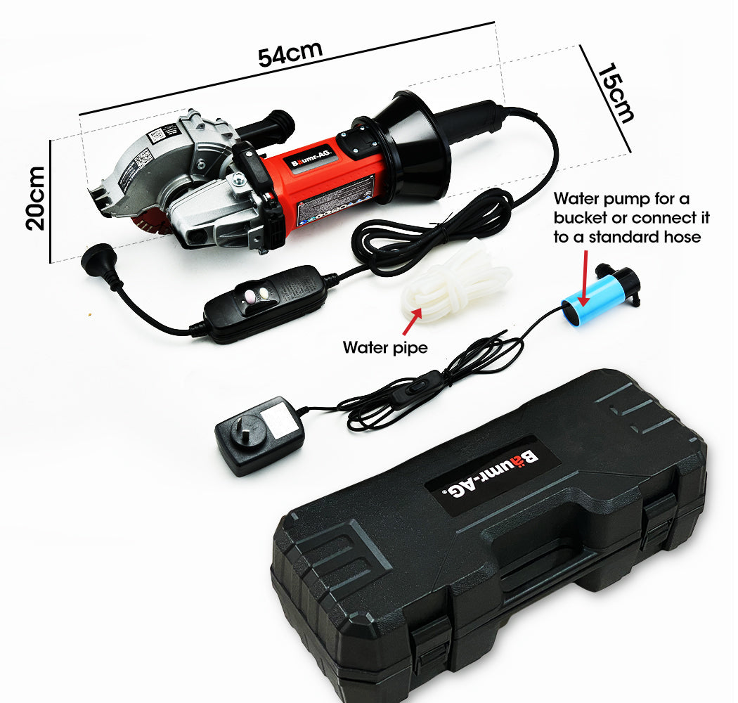 A red and silver handheld power tool with a blade guard, designed for cutting. The device boasts a powerful 1700W motor and has a black handle along with various labels on its body, indicating safety instructions. The cord is visible, extending from the rear. Set against a plain white background, this BAUMR-AG Wall Chaser Machine Concrete Chasing Tool Electric Saw Brick Grinder by Tradie's Mate ensures dust-free chasing.