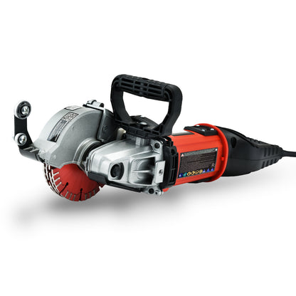 A handheld power tool with a red and black body is designed for cutting. Featuring a heavy-duty 1700W motor, it boasts a circular saw blade partially enclosed by a metal guard and has a handle on top for control. The tool, akin to the BAUMR-AG Wall Chaser Machine Concrete Chasing Tool Brick Grinder Electric Saw, is connected to a power cord.