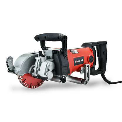 A red and black power tool with a circular blade and multiple handles is shown against a white background. The tool has "BAUMR-AG Wall Chaser Machine Concrete Chasing Tool Electric Brick Grinder Saw" printed on its side, and it appears to be an electric wall chaser equipped with diamond blades, designed for cutting grooves on walls.