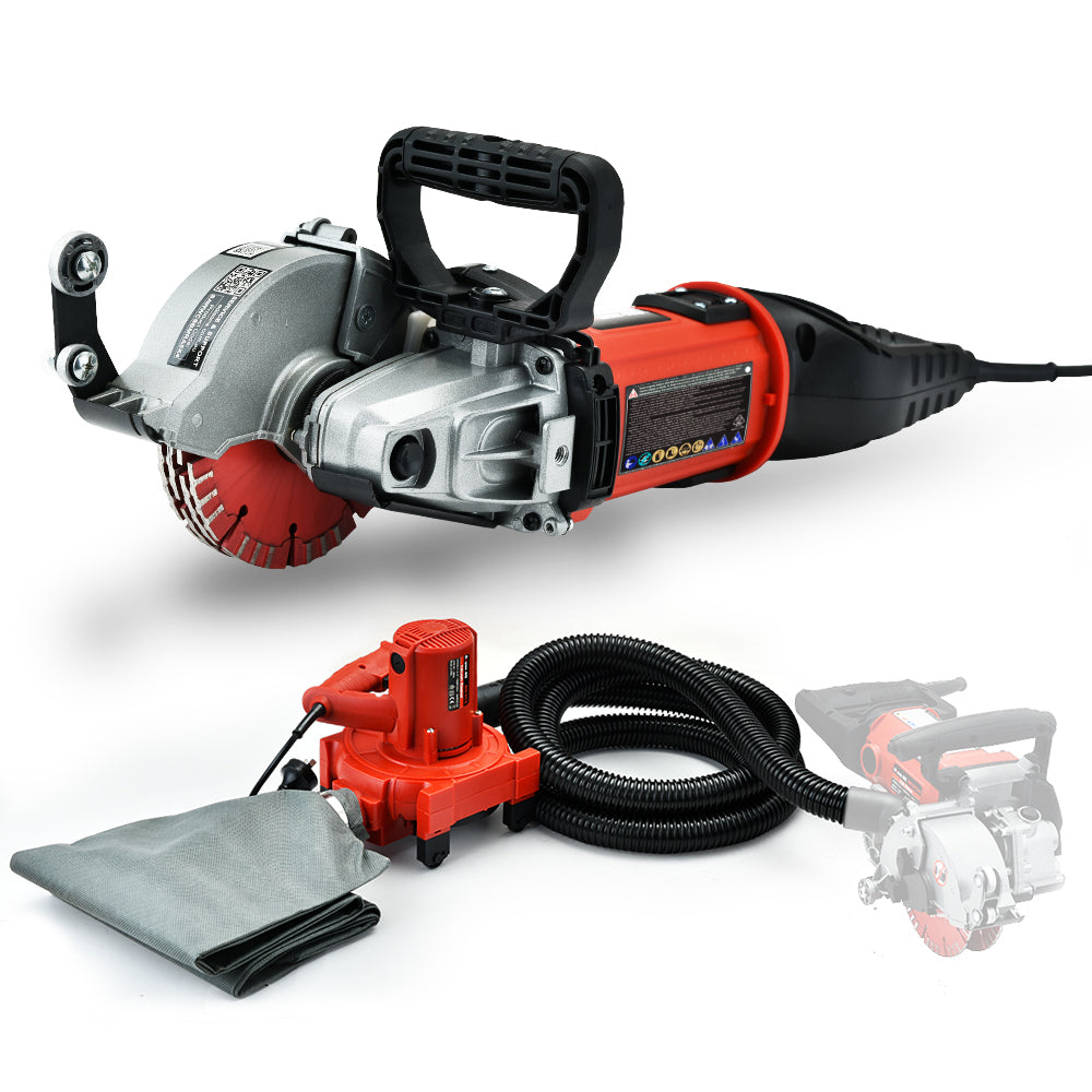 A BAUMR-AG Wall Chaser and Vacuum Combo Concrete Dust Collector Chasing Machine with a red and black design is displayed. It boasts a powerful 1700W motor and has a handle and circular blade for cutting into walls. Attached is a vacuum system for optimal dust extraction, featuring a flexible hose, a small red vacuum unit, and a grey dust bag.