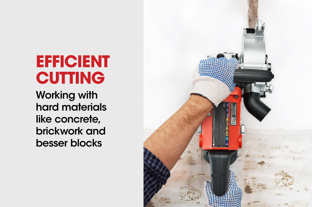 A Tradie's Mate BAUMR-AG Wall Chaser and Vacuum Combo Dust Collector Concrete Chasing Machine with a red and black handle, rotating quad diamond blades, and a partial metal casing is featured. Attached to it is a dust extraction system with a black hose and grey dust bag, ensuring dust-free chasing. Both components are highlighted on a white background.