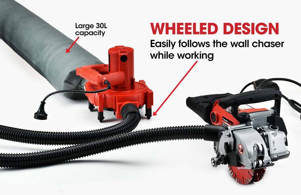 A red electric wood planer with a 30L bag capacity and a BAUMR-AG Vacuum for Wall Chaser Standard 32mm Concrete Chasing Dust Collector is shown, featuring an attached dust collection bag and coiled hose. The compact, handheld design includes a black power cord and a powerful 900W motor, ideal for woodworking to create smooth, even surfaces.