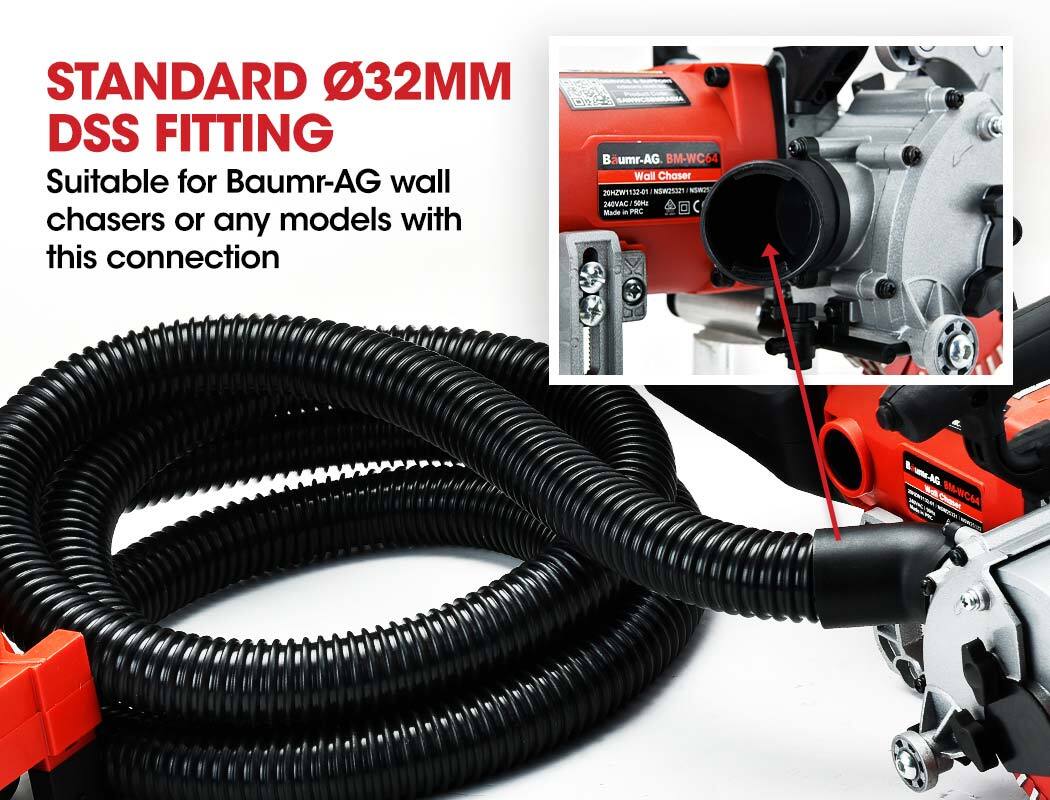 A red electric wood planer with a 30L bag capacity and a BAUMR-AG Vacuum for Wall Chaser Standard 32mm Concrete Chasing Dust Collector is shown, featuring an attached dust collection bag and coiled hose. The compact, handheld design includes a black power cord and a powerful 900W motor, ideal for woodworking to create smooth, even surfaces.