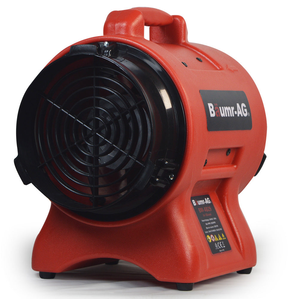 A red Baumr-AG 200mm (8 inch) Portable Air Blower Mover Axial Ventilation Extraction Fan, featuring a robust cylindrical design, a black front grille covering the fan, and sturdy handles for easy portability. With its powerful sealed induction motor and comprehensive control panel at the base, it's ideal for various industrial uses.