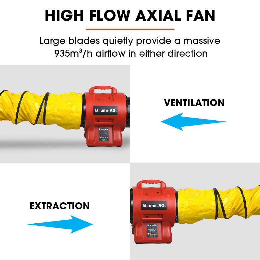 A red Baumr-AG 200mm (8 inch) Portable Air Blower Mover Axial Ventilation Extraction Fan, featuring a robust cylindrical design, a black front grille covering the fan, and sturdy handles for easy portability. With its powerful sealed induction motor and comprehensive control panel at the base, it's ideal for various industrial uses.