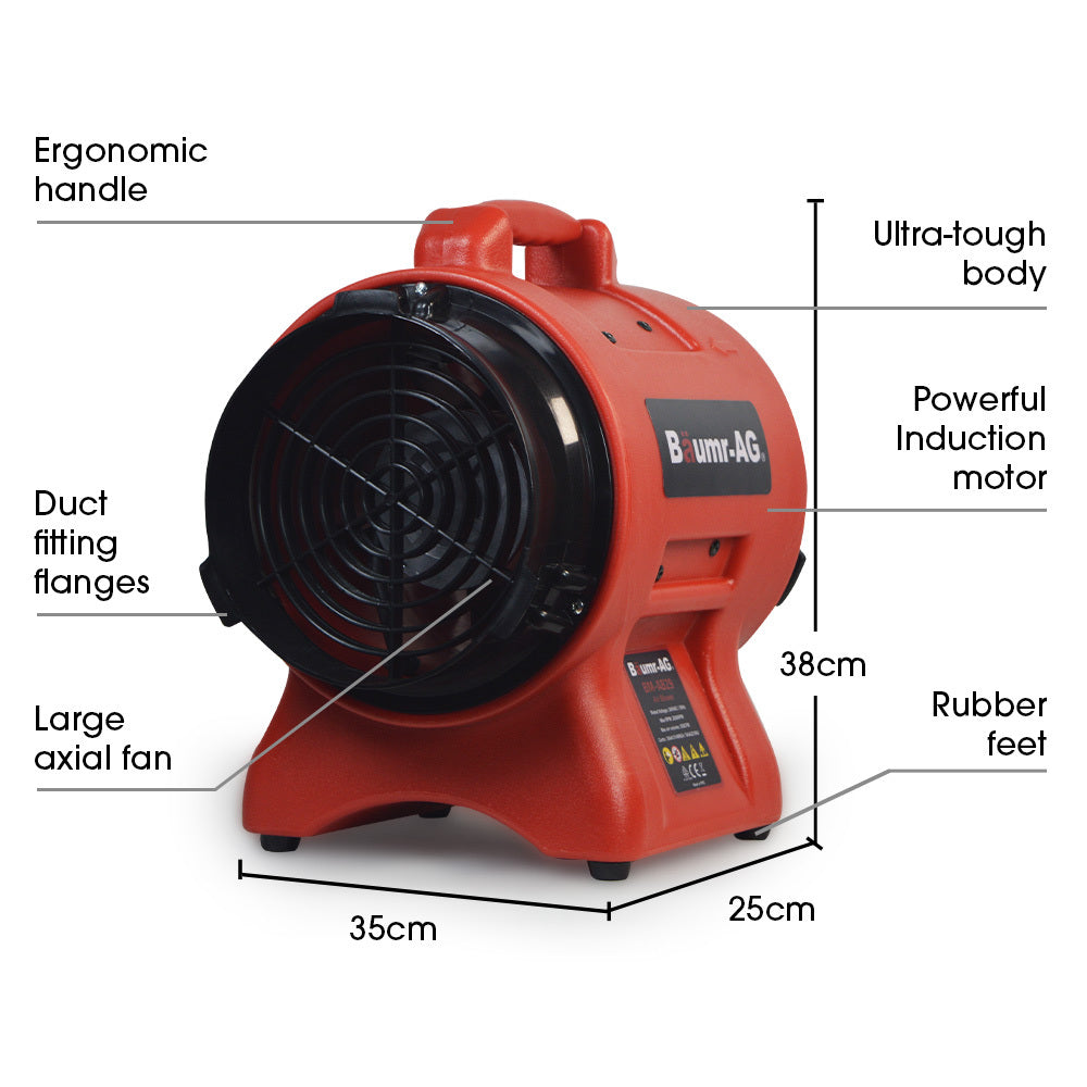 A red Baumr-AG 200mm (8 inch) Portable Air Blower Mover Axial Ventilation Extraction Fan, featuring a robust cylindrical design, a black front grille covering the fan, and sturdy handles for easy portability. With its powerful sealed induction motor and comprehensive control panel at the base, it's ideal for various industrial uses.