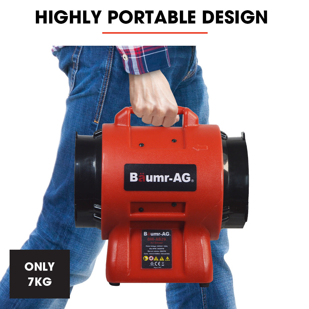 A red Baumr-AG 200mm (8 inch) Portable Air Blower Mover Axial Ventilation Extraction Fan, featuring a robust cylindrical design, a black front grille covering the fan, and sturdy handles for easy portability. With its powerful sealed induction motor and comprehensive control panel at the base, it's ideal for various industrial uses.