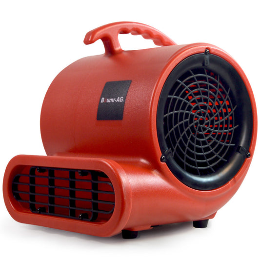 A red Baumr-AG 3-Speed Carpet Dryer Air Mover Blower Fan, 700CFM, Sealed Copper Motor, Poly Housing with a handle on top and a large circular vent on the side, reminiscent of an air blower. The fan features air vents on the front for optimal airflow and is designed to be portable. The brand name, Baumr-AG, is partially visible on the side.