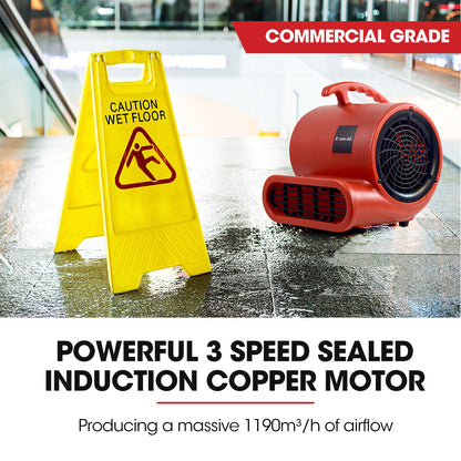 A red Baumr-AG 3-Speed Carpet Dryer Air Mover Blower Fan, 700CFM, Sealed Copper Motor, Poly Housing with a handle on top and a large circular vent on the side, reminiscent of an air blower. The fan features air vents on the front for optimal airflow and is designed to be portable. The brand name, Baumr-AG, is partially visible on the side.