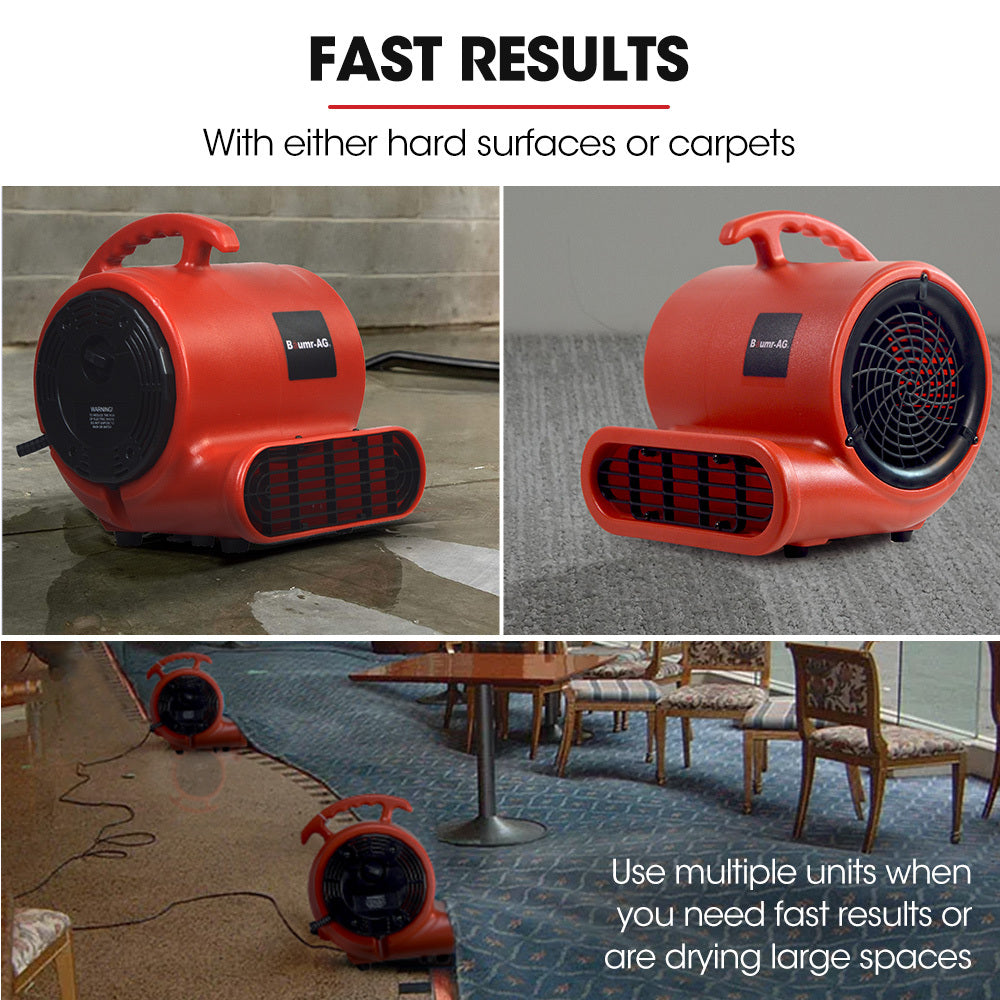 A red Baumr-AG 3-Speed Carpet Dryer Air Mover Blower Fan, 700CFM, Sealed Copper Motor, Poly Housing with a handle on top and a large circular vent on the side, reminiscent of an air blower. The fan features air vents on the front for optimal airflow and is designed to be portable. The brand name, Baumr-AG, is partially visible on the side.