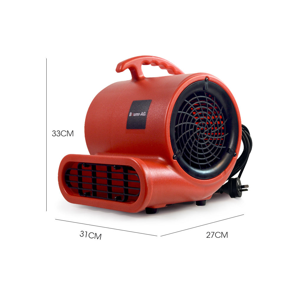 A red Baumr-AG 3-Speed Carpet Dryer Air Mover Blower Fan, 700CFM, Sealed Copper Motor, Poly Housing with a handle on top and a large circular vent on the side, reminiscent of an air blower. The fan features air vents on the front for optimal airflow and is designed to be portable. The brand name, Baumr-AG, is partially visible on the side.