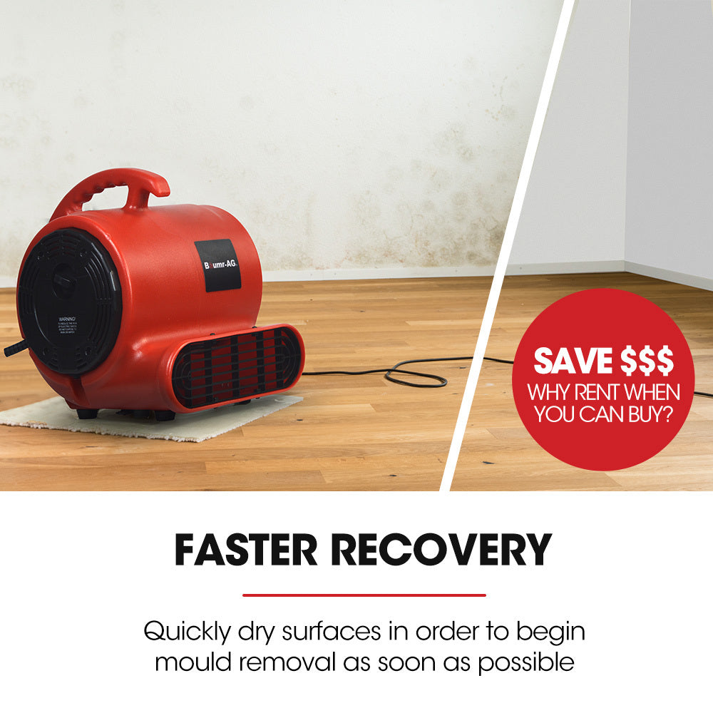 A red Baumr-AG 3-Speed Carpet Dryer Air Mover Blower Fan, 700CFM, Sealed Copper Motor, Poly Housing with a handle on top and a large circular vent on the side, reminiscent of an air blower. The fan features air vents on the front for optimal airflow and is designed to be portable. The brand name, Baumr-AG, is partially visible on the side.