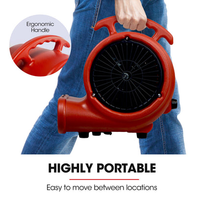 A red Baumr-AG 3-Speed Carpet Dryer Air Mover Blower Fan, 700CFM, Sealed Copper Motor, Poly Housing with a handle on top and a large circular vent on the side, reminiscent of an air blower. The fan features air vents on the front for optimal airflow and is designed to be portable. The brand name, Baumr-AG, is partially visible on the side.