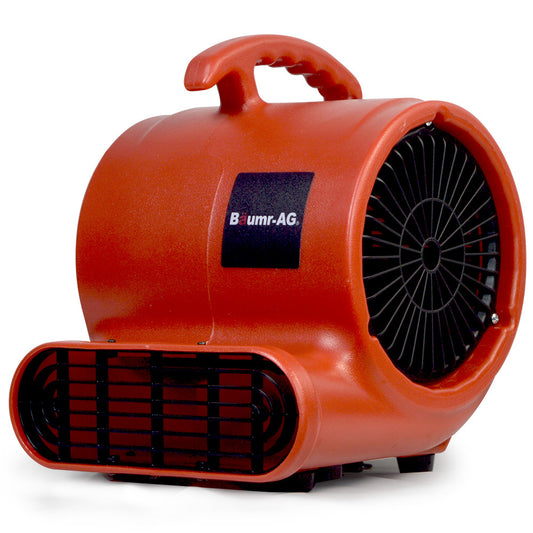 A red, portable air blower with a handle on top and a black grid covering the front air intake and side exhaust. The device, branded "Baumr-AG 3-Speed Carpet Dryer Air Mover Blower Fan, 800CFM, Sealed Copper Motor, Poly Housing" on the side, appears compact and sturdy. Ideal for drying carpets or general ventilation purposes.