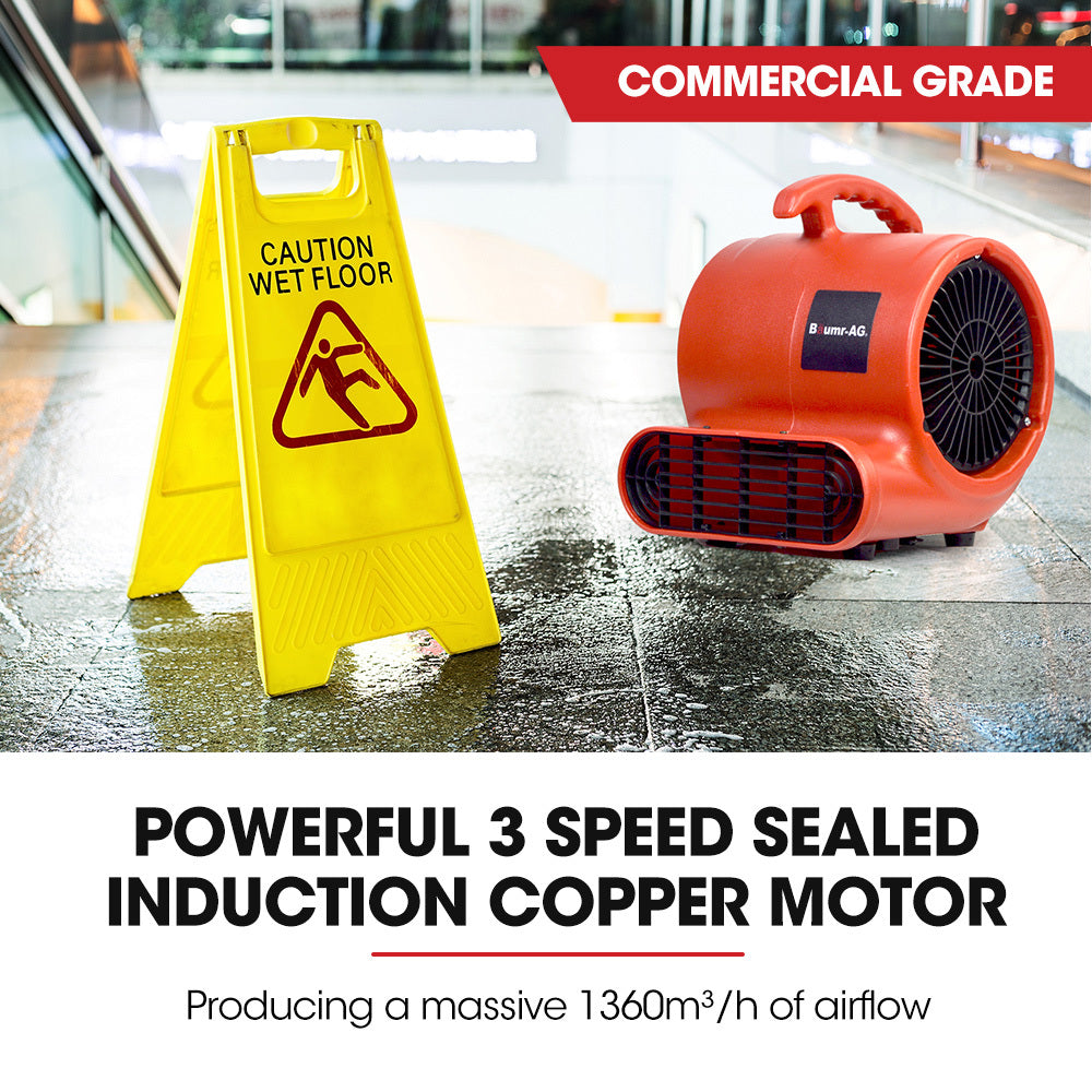 A red, portable air blower with a handle on top and a black grid covering the front air intake and side exhaust. The device, branded "Baumr-AG 3-Speed Carpet Dryer Air Mover Blower Fan, 800CFM, Sealed Copper Motor, Poly Housing" on the side, appears compact and sturdy. Ideal for drying carpets or general ventilation purposes.