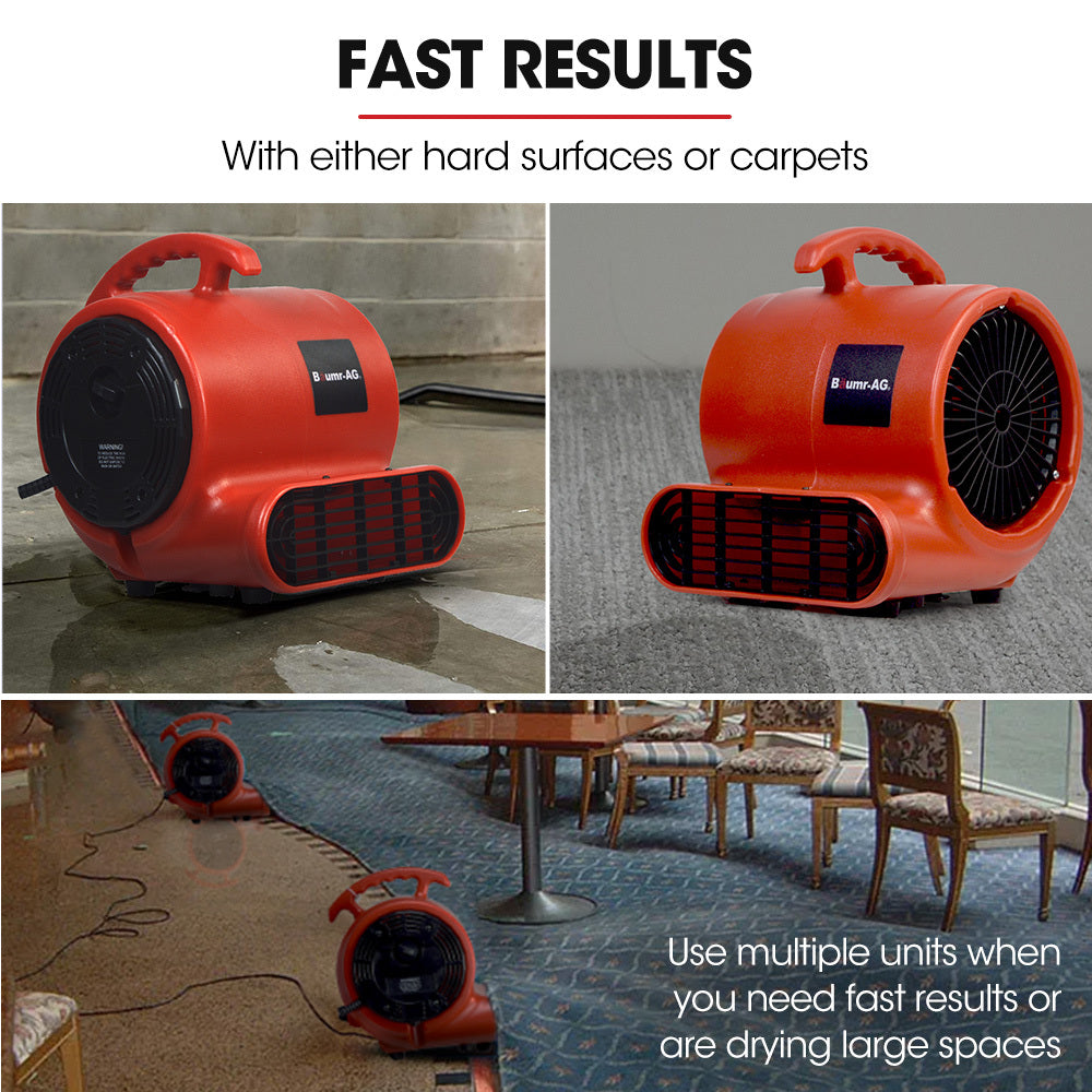 A red, portable air blower with a handle on top and a black grid covering the front air intake and side exhaust. The device, branded "Baumr-AG 3-Speed Carpet Dryer Air Mover Blower Fan, 800CFM, Sealed Copper Motor, Poly Housing" on the side, appears compact and sturdy. Ideal for drying carpets or general ventilation purposes.