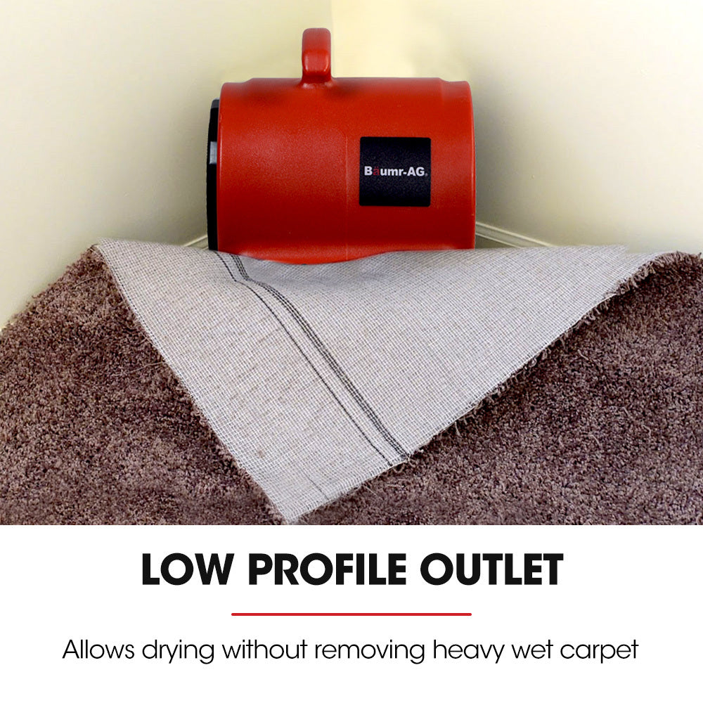 A red, portable air blower with a handle on top and a black grid covering the front air intake and side exhaust. The device, branded "Baumr-AG 3-Speed Carpet Dryer Air Mover Blower Fan, 800CFM, Sealed Copper Motor, Poly Housing" on the side, appears compact and sturdy. Ideal for drying carpets or general ventilation purposes.