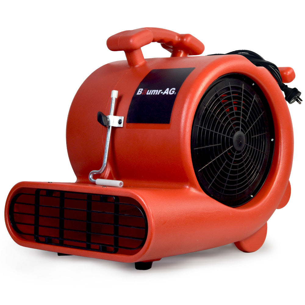 A red industrial carpet dryer branded "Baumr-AG 3-Speed Carpet Dryer Air Mover Blower Fan, 1300CFM, Sealed Copper Motor, Poly Housing" features a large black fan in the center, black ventilation panels at the front, and a carrying handle on top. This robust air blower has cables coiled and attached at the back for easy storage.