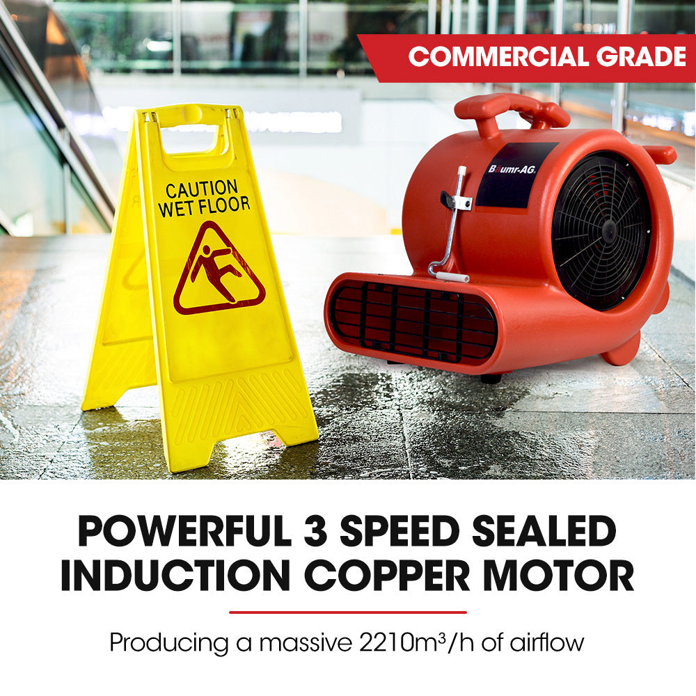 A red industrial carpet dryer branded "Baumr-AG 3-Speed Carpet Dryer Air Mover Blower Fan, 1300CFM, Sealed Copper Motor, Poly Housing" features a large black fan in the center, black ventilation panels at the front, and a carrying handle on top. This robust air blower has cables coiled and attached at the back for easy storage.