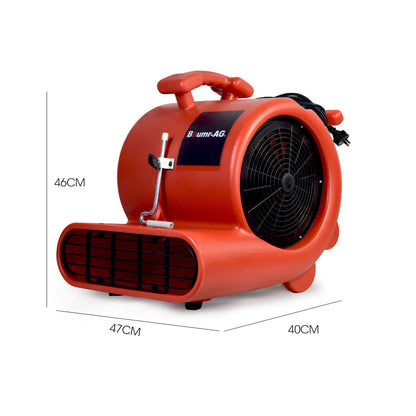 A red industrial carpet dryer branded "Baumr-AG 3-Speed Carpet Dryer Air Mover Blower Fan, 1300CFM, Sealed Copper Motor, Poly Housing" features a large black fan in the center, black ventilation panels at the front, and a carrying handle on top. This robust air blower has cables coiled and attached at the back for easy storage.