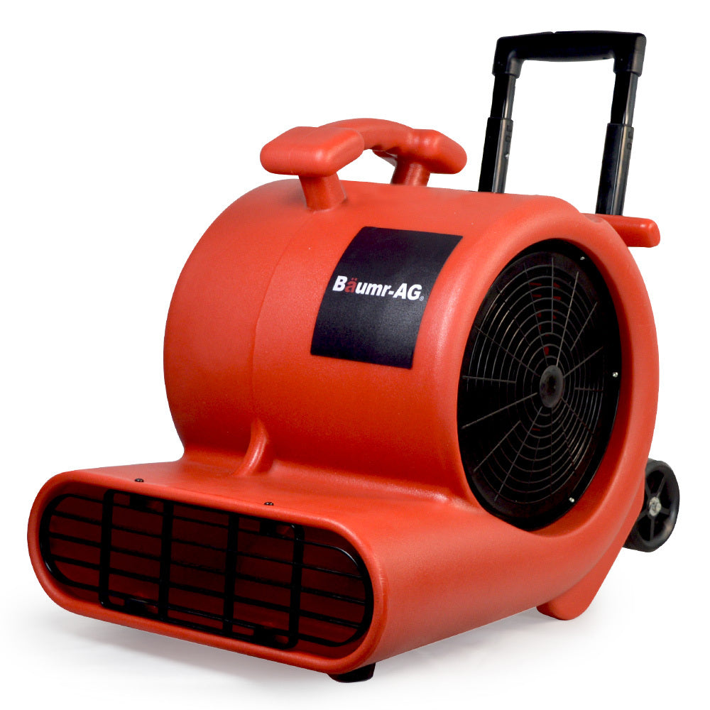 A red industrial carpet dryer with black detailing and the brand name "Baumr-AG 3-Speed Carpet Dryer Air Mover Blower Fan, 1400CFM, Sealed Copper Motor, Poly Housing, Telescopic Handle and Wheels" visible on its side. The air blower has a large circular fan, a handle on top, and two small wheels for easy transport. It is designed for tasks like drying floors or carpets.