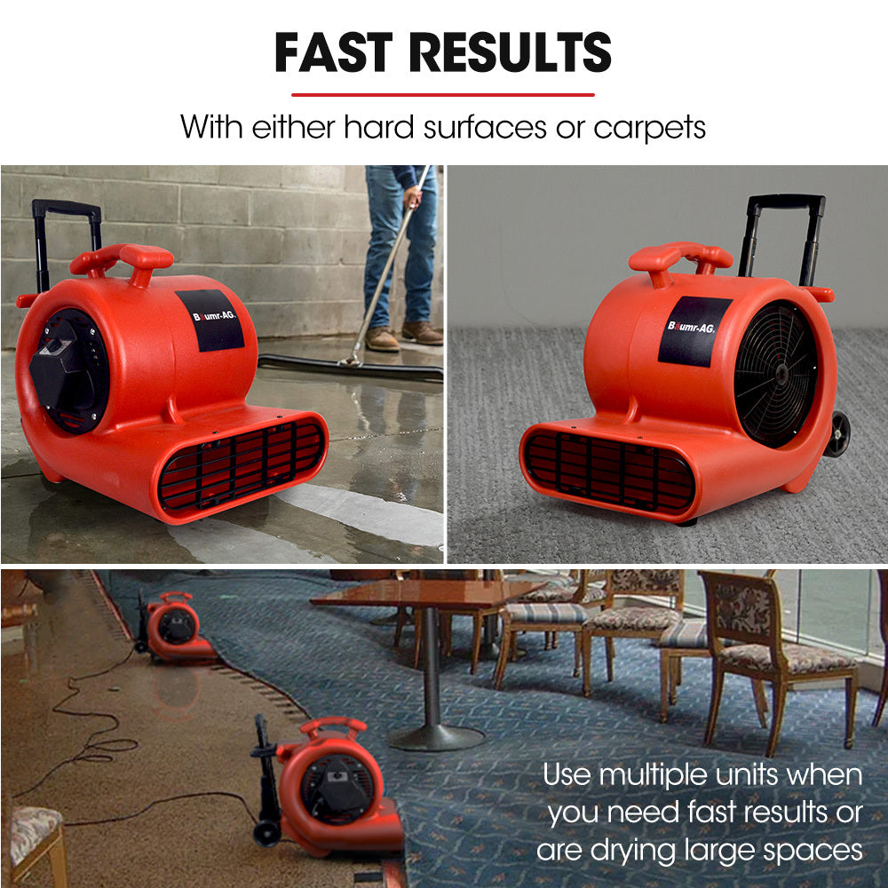 A red industrial carpet dryer with black detailing and the brand name "Baumr-AG 3-Speed Carpet Dryer Air Mover Blower Fan, 1400CFM, Sealed Copper Motor, Poly Housing, Telescopic Handle and Wheels" visible on its side. The air blower has a large circular fan, a handle on top, and two small wheels for easy transport. It is designed for tasks like drying floors or carpets.