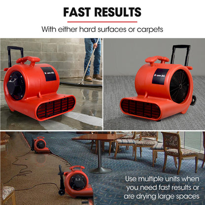 A red industrial carpet dryer with black detailing and the brand name "Baumr-AG 3-Speed Carpet Dryer Air Mover Blower Fan, 1400CFM, Sealed Copper Motor, Poly Housing, Telescopic Handle and Wheels" visible on its side. The air blower has a large circular fan, a handle on top, and two small wheels for easy transport. It is designed for tasks like drying floors or carpets.