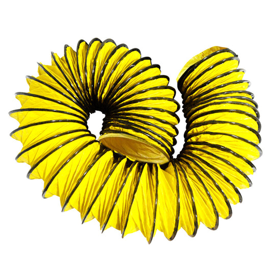 A bright yellow flexible Baumr-AG 200mm 10m Duct for 8" Air Movers with a coiled structure and black ringed edges, twisted into an irregular shape, creating an abstract and dynamic appearance ideal for industrial air circulation.