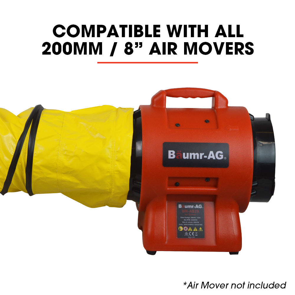 A bright yellow flexible Baumr-AG 200mm 10m Duct for 8" Air Movers with a coiled structure and black ringed edges, twisted into an irregular shape, creating an abstract and dynamic appearance ideal for industrial air circulation.