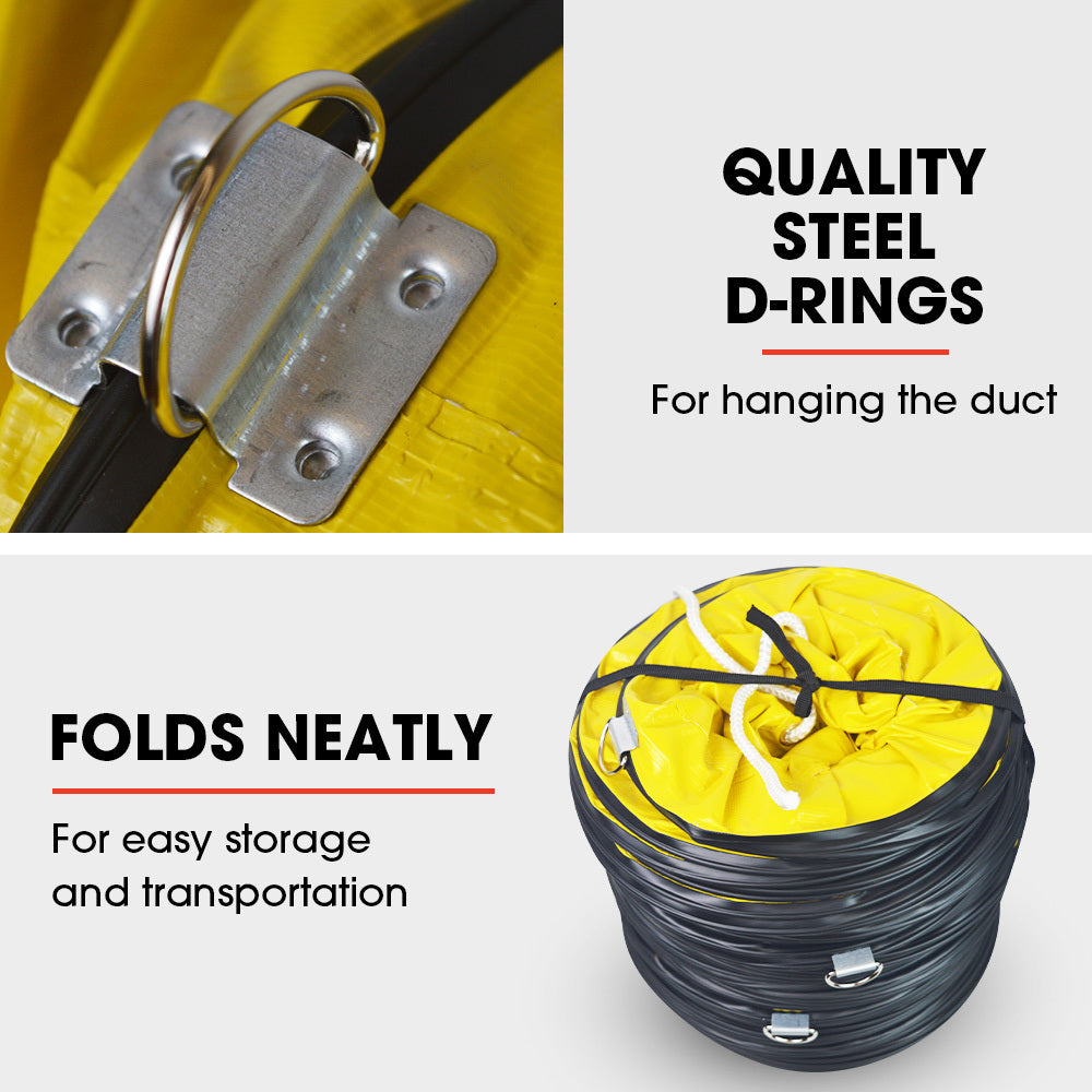 A bright yellow flexible Baumr-AG 200mm 10m Duct for 8" Air Movers with a coiled structure and black ringed edges, twisted into an irregular shape, creating an abstract and dynamic appearance ideal for industrial air circulation.