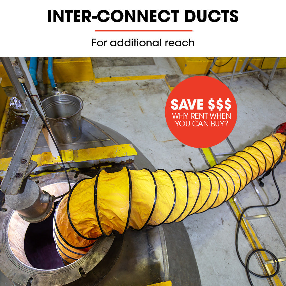 A bright yellow flexible Baumr-AG 200mm 10m Duct for 8" Air Movers with a coiled structure and black ringed edges, twisted into an irregular shape, creating an abstract and dynamic appearance ideal for industrial air circulation.