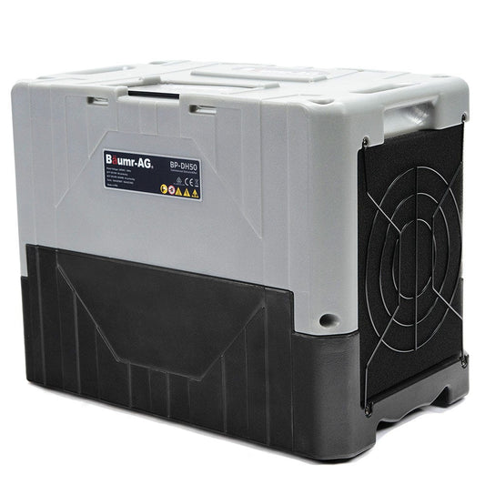 A portable industrial-grade dehumidifier with a sturdy black and gray casing, featuring a control panel and air vent on one side. The label reads "Baumr-AG 50L/day Commercial Air Dehumidifier for Mould, Portable, Stackable, LCD Display, Wheels" and includes warning symbols. Ideal for industrial water restoration, this Baumr-AG dehumidifier appears durable and heavy-duty.