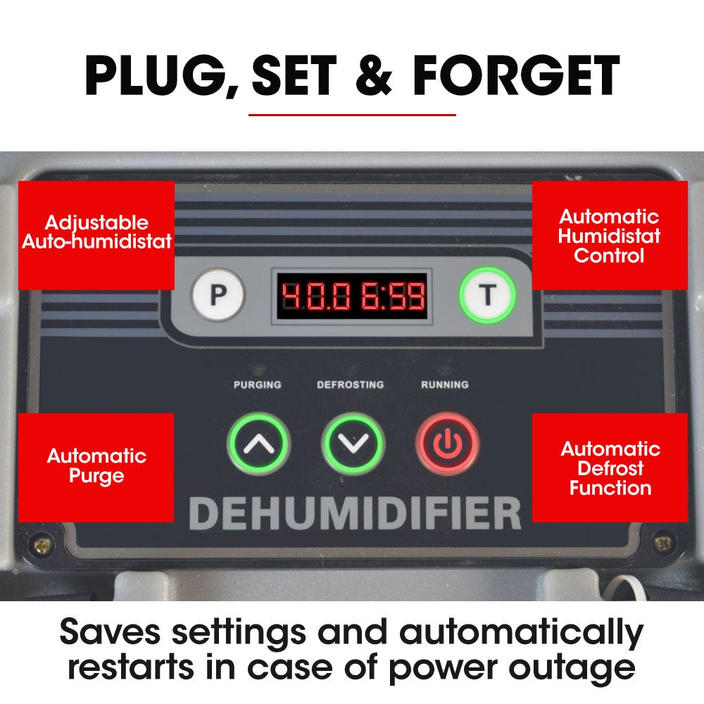 A portable industrial-grade dehumidifier with a sturdy black and gray casing, featuring a control panel and air vent on one side. The label reads "Baumr-AG 50L/day Commercial Air Dehumidifier for Mould, Portable, Stackable, LCD Display, Wheels" and includes warning symbols. Ideal for industrial water restoration, this Baumr-AG dehumidifier appears durable and heavy-duty.