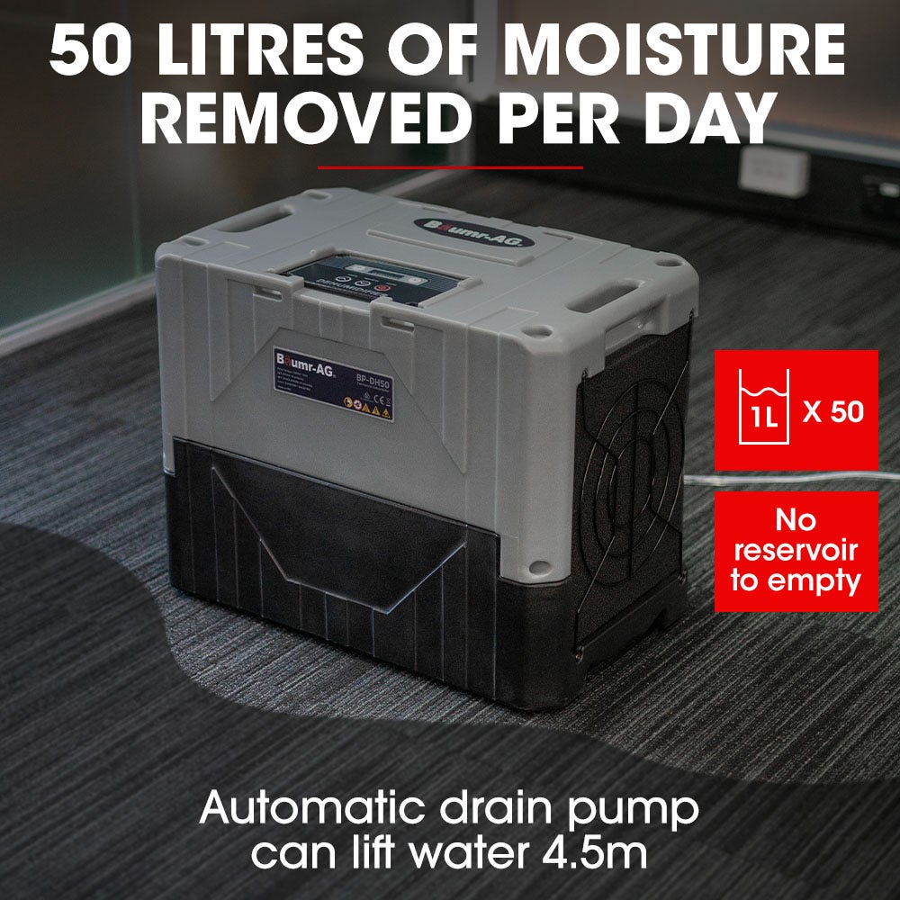 A portable industrial-grade dehumidifier with a sturdy black and gray casing, featuring a control panel and air vent on one side. The label reads "Baumr-AG 50L/day Commercial Air Dehumidifier for Mould, Portable, Stackable, LCD Display, Wheels" and includes warning symbols. Ideal for industrial water restoration, this Baumr-AG dehumidifier appears durable and heavy-duty.