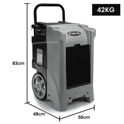 A gray and black industrial portable dehumidifier with a handle and large wheels for easy transport. The unit features a black vented front panel, the brand name "Baumr-AG 90L/day Commercial Air Dehumidifier for Mould, Portable, Stackable, LCD Display, Wheels" on the front, making it ideal for humidity control in industrial water restoration projects.