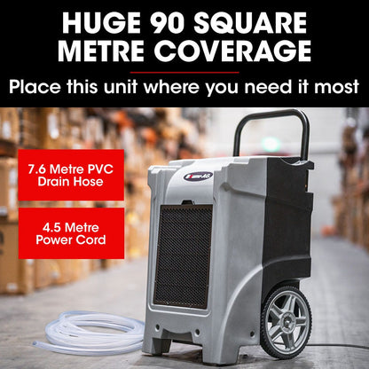 A gray and black industrial portable dehumidifier with a handle and large wheels for easy transport. The unit features a black vented front panel, the brand name "Baumr-AG 90L/day Commercial Air Dehumidifier for Mould, Portable, Stackable, LCD Display, Wheels" on the front, making it ideal for humidity control in industrial water restoration projects.