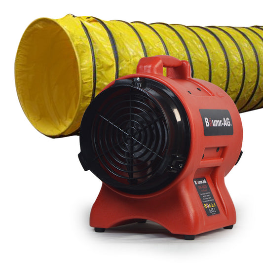 A red industrial fan with a protective black grille, designed for optimal ventilation, is positioned in front of a yellow collapsible duct hose with black rings. The fan bears the "Baumr-AG 200mm (8 inch) Portable Axial Air Mover Blower Fan with 10m Ventilation Duct" label and faces forward, while the duct hose extends in a straight line for efficient industrial air circulation.